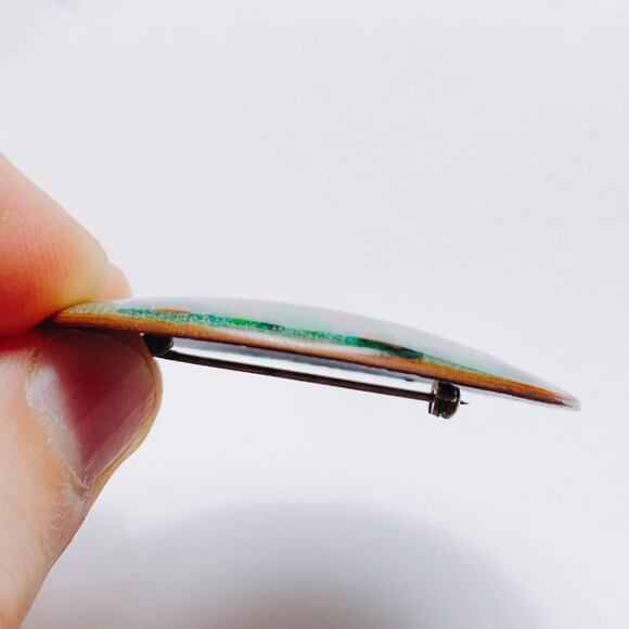 Mid Century Enamel Brooch Signed Inga Copper Abstract Floral Vintage Pin - Picture 7 of 7